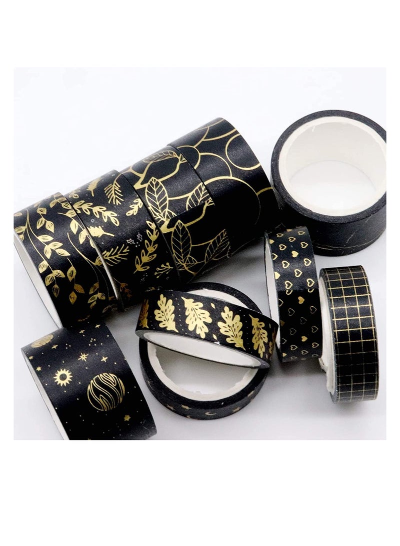 Black Gold Washi Tape, DIY Gift Wrap Scrapbooking and Craft, Sticky Adhesive Paper Masking Tape Decorative Sticker with Lovely Printed Patterns and Long-Lasting Colors (10Rolls) - Image 3